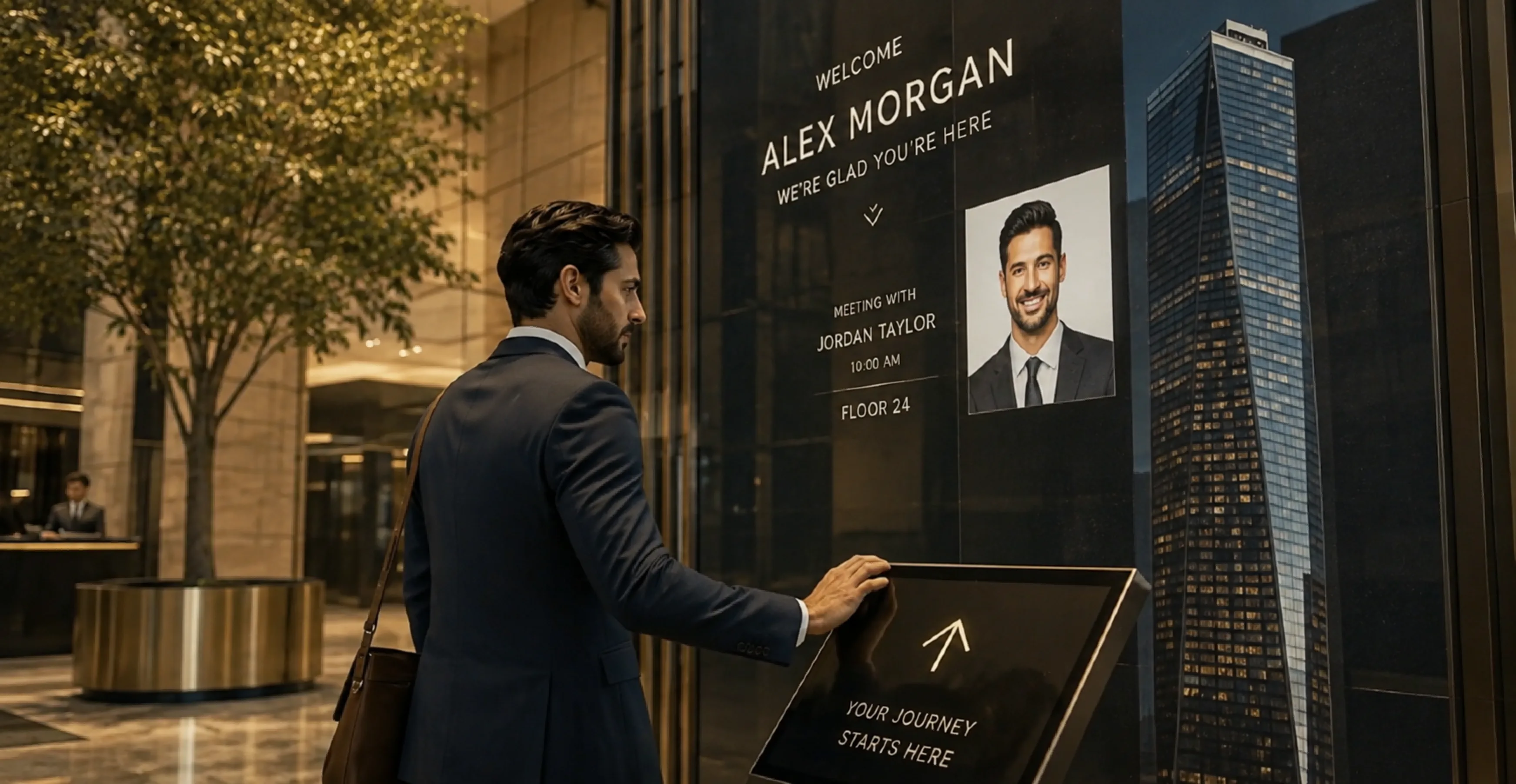 Personalized welcome screen greeting a visitor in a corporate lobby