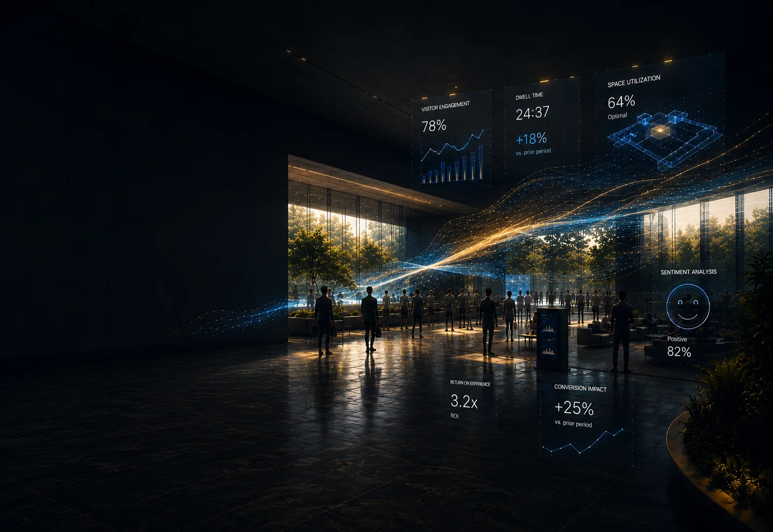 Dark lobby with holographic engagement, dwell-time, and space-utilization analytics