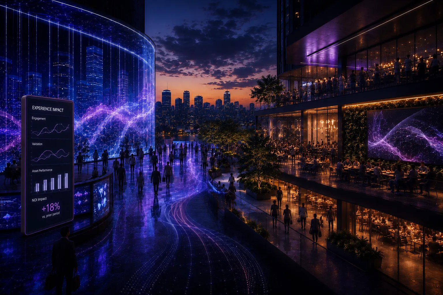 Nighttime plaza with an Experience Impact analytics panel and lively restaurant terraces