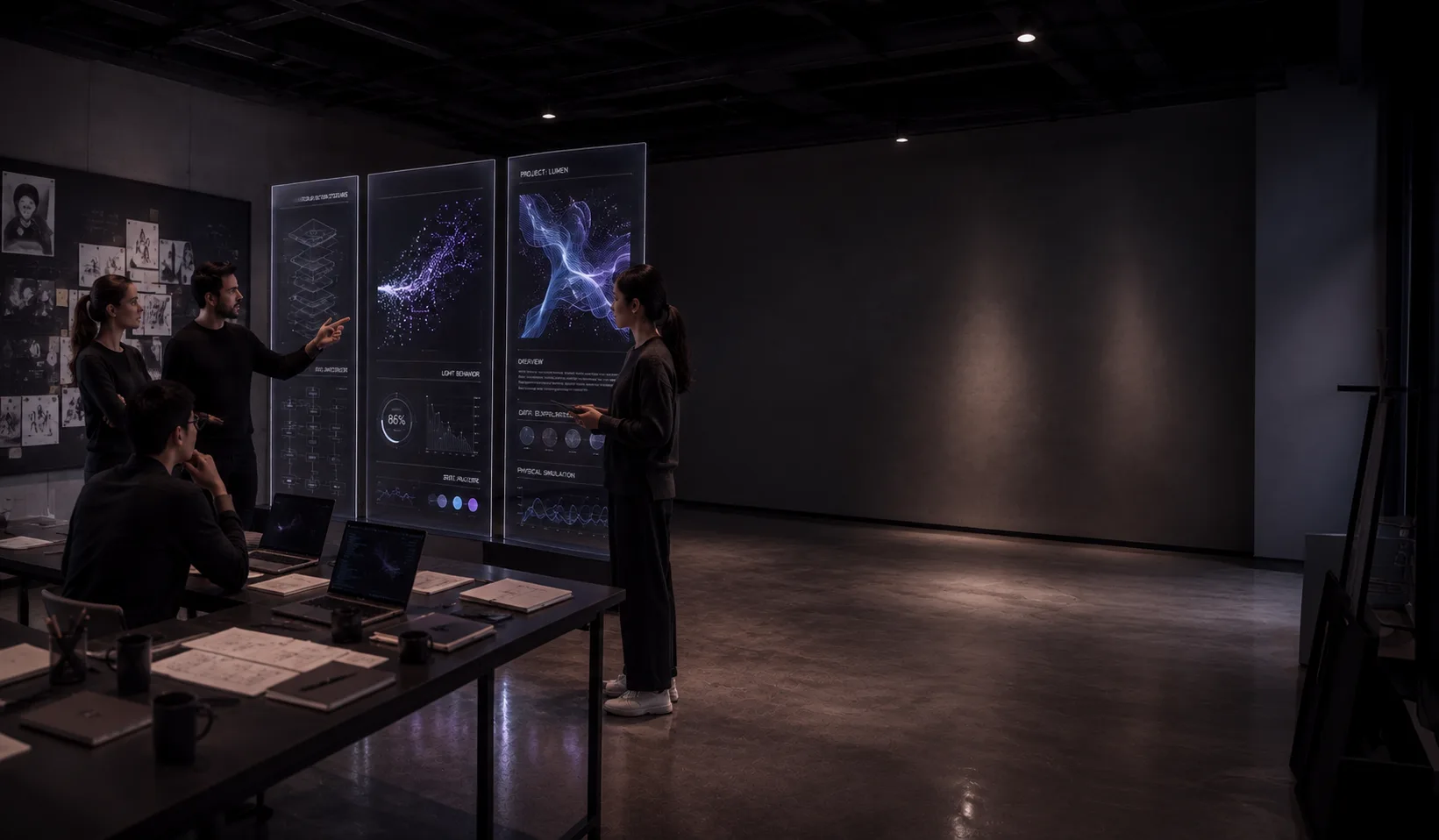 Team reviewing a holographic building model